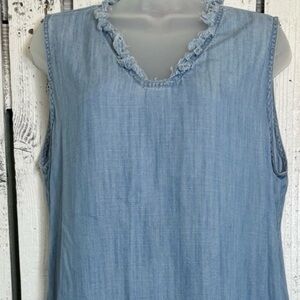 Toofan Boho Chambray Dress Frayed Trim Pockets XL Blue Sleeveless Easy Wear VTG‎